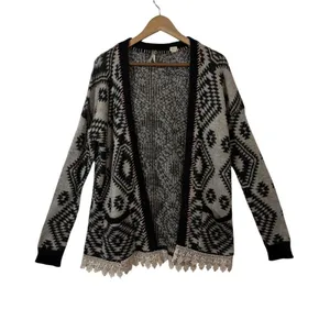 GIG by BKE Cardigan Women M Black Gray Aztec Lace Trim Open Front Wool Blend thumbnail 1