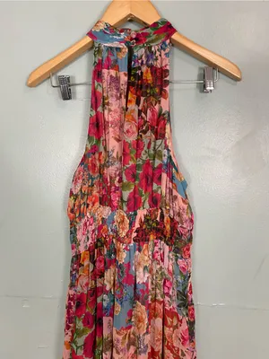 Anthropologie Floral Halter Tiered Maxi Dress in Pink and Red thumbnail 5