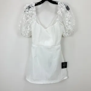 Lulus Charming Potential White Organza Backless Puff Sleeve Mini Dress M NWT thumbnail 5