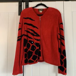 Elizabeth New York Cardigan XL Red Black Animal Print Chenille Studded thumbnail 4