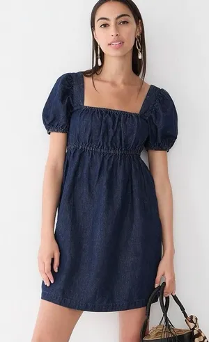 New! J. Crew Square-neck Puff Sleeve denim chambray mini dress size 8 thumbnail 1