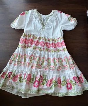 crown & ivy White Dress with Pink & Green Floral Embroidery thumbnail 1