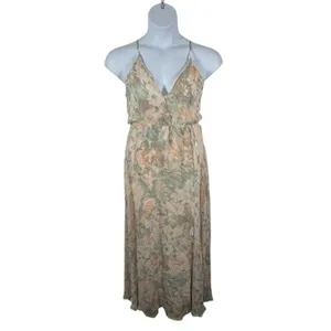 Romantic Floral Open Back Maxi Dress Peach Green Cream NWT M thumbnail 3
