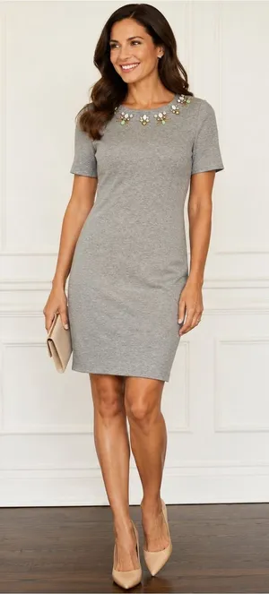 Eliza J Embellished Sheath Dress Gray Jewel Neck Cocktail Career NWT Size 12P thumbnail 1