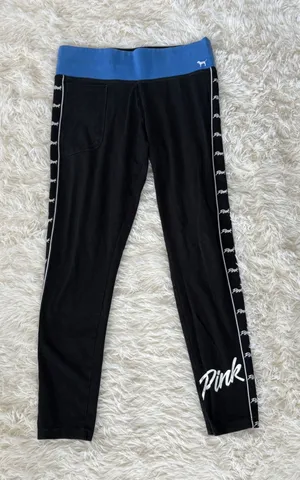 PINK Victoria's Secret Athleisure Leggings Black Side Logo Blue Waistband‎ thumbnail 1
