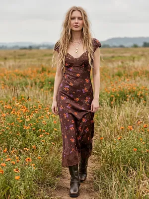 Free People Dainty Lace Retro 90s Butterfly Babe Maxi Dress in Brown Combo XL thumbnail 4