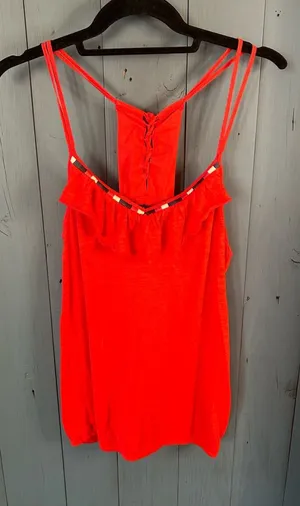 American Eagle Outfitters Bright Red Ruffle-Trim Strappy RacerbackTank | Medium thumbnail 1