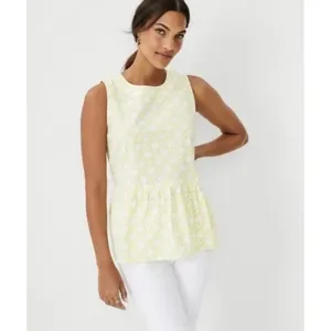 Ann Taylor Rattan Peplum Top Lemon Twist Yellow White Tie Back Bow Preppy Size M thumbnail 2