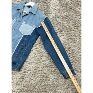 RD Style Womens Size XS Patchwork Denim Jacket Two Tone Blue Raw Hem Distressed thumbnail 13