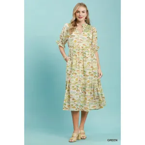 Umgee Print Tiered Midi Dress - Green - Small thumbnail 4