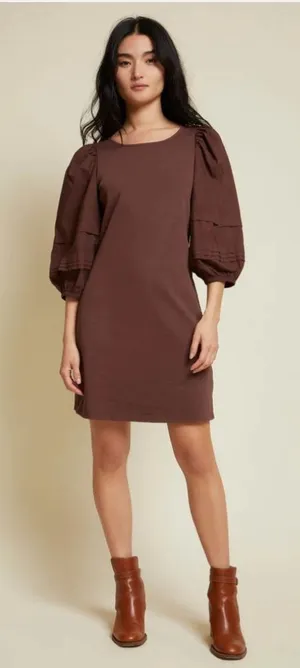 Nation LTD Calissa Brown Cotton Puff Sleeve Open Back Bow Mini Dress NWT XS thumbnail 1