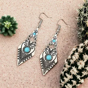 Carved Geometric Shape With Turquoise Decor Dangle Earrings Retro Bohemian Style thumbnail 5