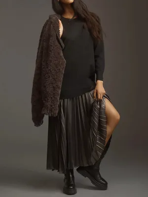 Anthropologie Women’s Twofer Black Knit Oversized Sweater Pleated Midi Dress S thumbnail 12