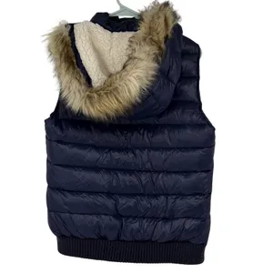 American Eagle Navy Blue‎ Down Puffer Vest Faux Fur Hood Sherpa Lined Large Y2K thumbnail 2