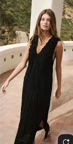 Free People Black Agatha Crinkle Cotton Side Slit Boho Classic Midi Maxi Dress thumbnail 1