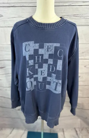 Aerie "Checked Out" Graphic Sweatshirt Blue Ribbed Crew Neck Oversized Medium thumbnail 1