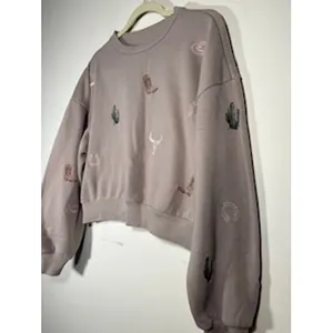Western‎ Embroidered Cropped Sweatshirt Large Taupe Pullover Cowgirl Boho Rodeo thumbnail 2