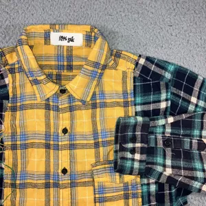 Patchwork Flannel Shirt Women L Cropped Colorblock Plaid‎ Grunge Punk Raw Hem thumbnail 2