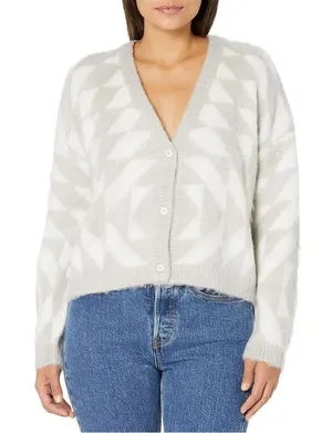 Obey grey & white v-neck triangle patterned cardigan sweater Small academia #749 thumbnail 1