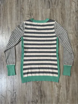 Olive & Oak Gray and Cream Striped Sweater with Green Trim thumbnail 2
