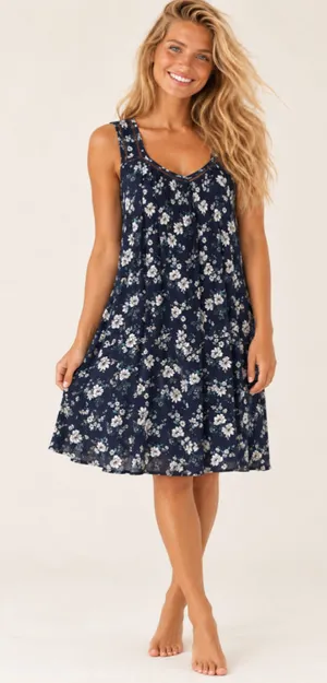 Entro Navy Floral Knee Length Swing Dress Feminine Boho Romantic Whimsical M thumbnail 1