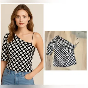 Anthropologie Eva Franco NWT Small One Shoulder Jacquard Daisy Floral Top thumbnail 2