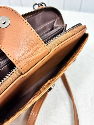 LAVAWA Tooled Brown Leather Crossbody Wallet with Turquoise Accent thumbnail 10