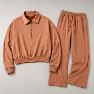 1116 | Minimalist Co-ord Lounge Set 2pc Quarter Zip Wide Leg Brown Womens‎ Small thumbnail 1