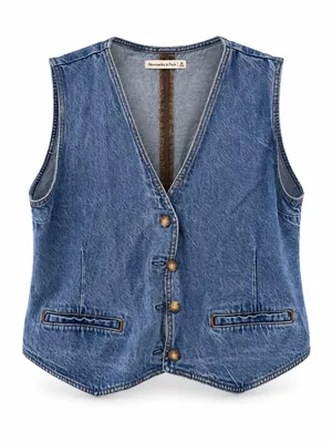 Abercrombie Fitch Denim Vest Button Front Curved Hem Blue XL thumbnail 2