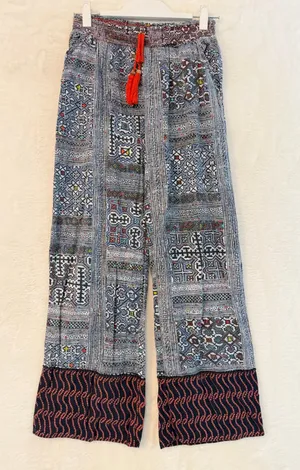 Eloise Anthropologie Boho Geometric Print Wide Leg Smocked‎ Pants Blue Red Small thumbnail 1
