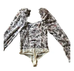 Free People NWT - - Brunch Date Floral Print Long Sleeve Bodysuit Ivory Combo -Size Small thumbnail 7