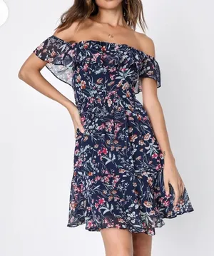 NWT Lulus My Favorite Navy Blue Floral Print Off the‎ Shoulder Dress MEDIUM thumbnail 1