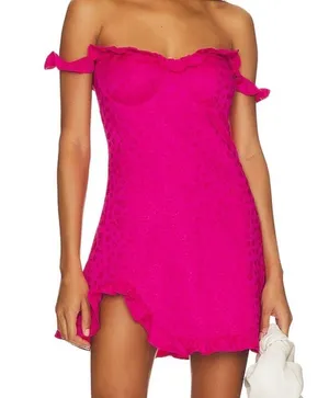 Line & Dot Hot Pink Penelope Mini Dress Ruffle Sleeve Off Shoulder Floral thumbnail 2