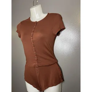 Out From Under Pajama Set Womens XXS Brown Jersey Button Front Top Shorts Lounge thumbnail 4