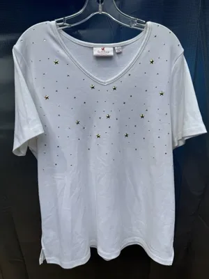 Women's V-Neck Quacker Factory SZ L White Embellished Star Rhinestones Gold Silv thumbnail 1
