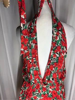 Red Floral Halter Mini Dress with Green Accents thumbnail 6