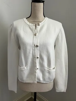 White Cotton Cardigan Sweater Small Gold Crest Button Preppy Old Money Office thumbnail 1