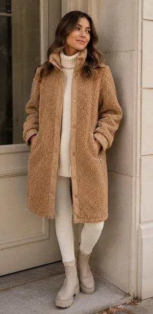 Athleta Sherpa Teddy Coat XS Camel Longline Cozy Minimalist Quiet Luxury Winter thumbnail 1