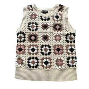 Crochet Granny Square Floral Sweater Vest M Neutral Cottagecore Grannycore Layer thumbnail 8
