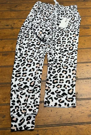 Spark Leopard Print Jogger Pants White Black Tan Animal Print L-586‎ S/M NWT thumbnail 1