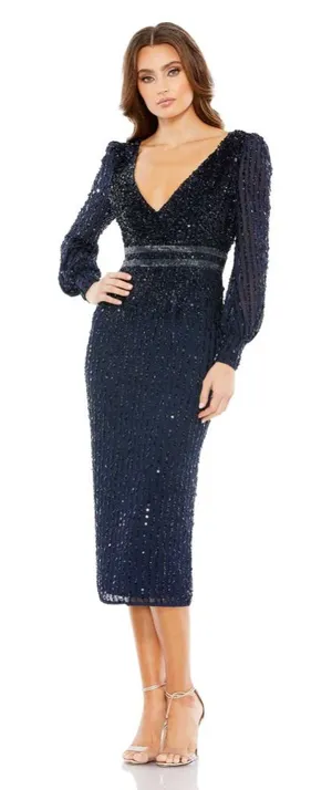 Mac Duggal Sequined V Neck Bishop Sleeve Midi Dress Navy Blue‎ Size 16 #93593 thumbnail 1