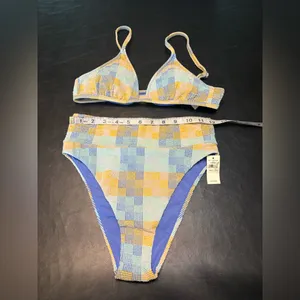 aerie Pastel Yellow Blue Checkered TriangleTop Cheeky Bottom Bikini Set size S/M thumbnail 9