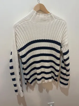 Abercrombie & Fitch Womens Cream Navy Striped Ribbed‎ Mock Neck Sweater Medium thumbnail 1