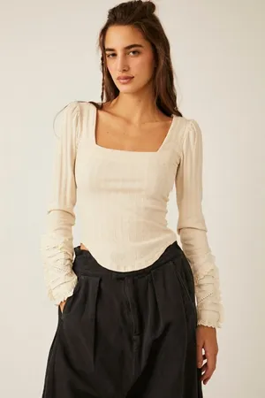 Free People Cottagecore Cream Ribbed Lacey Longsleeve Blouse Size Extra Small thumbnail 1