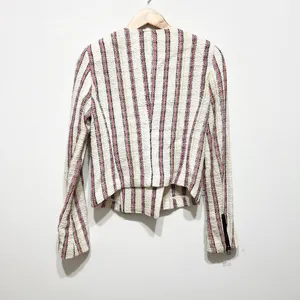 Veronica Beard Mara Stripe Tweed Boucle Woven Cotton Linen Moto Jacket 4 thumbnail 4