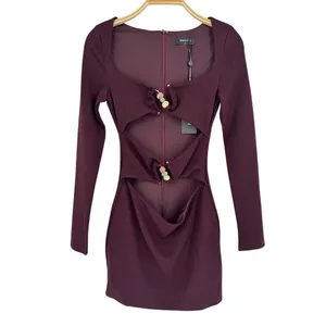 White Fox One‎ Desire Mini Dress Small Dark Burgundy Cutout Long Sleeve Beaded thumbnail 2