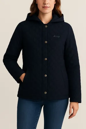 Jeep Navy Blue Quilted Hooded Jacket Fuzzy‎ Soft Lining Size Large Coat Logo VTG thumbnail 1