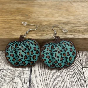 New Turquoise/Brown Festive Pumpkin Dangle Earring Halloween Thanksgiving Fall thumbnail 1