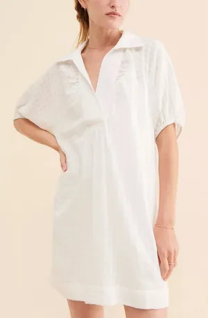 Anthropologie White V-Neck‎ Tiered Sleeve Tunic Dress Textured Collared Medium thumbnail 1
