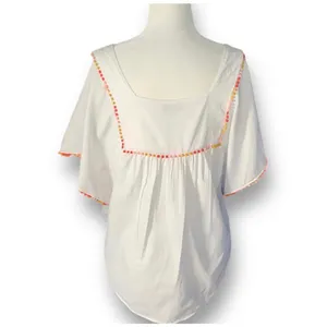 Madewell‎ White Cotton Pom PomTrim Blouse Medium Boho Festival Butterfly Top thumbnail 4